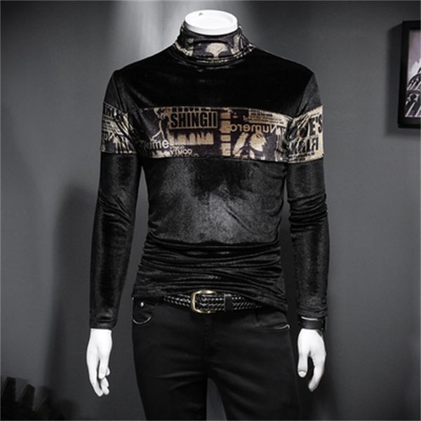 

2019 men's stitching high collar long-sleeved t-shirt gold velvet warm thick autumn and winter slim hit color inside gentleman shirt, White;black