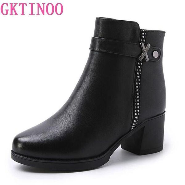 

gktinoo 2020 new fashion genuine leather women ankle boots high heels zipper shoes warm fur winter boots for women, Black