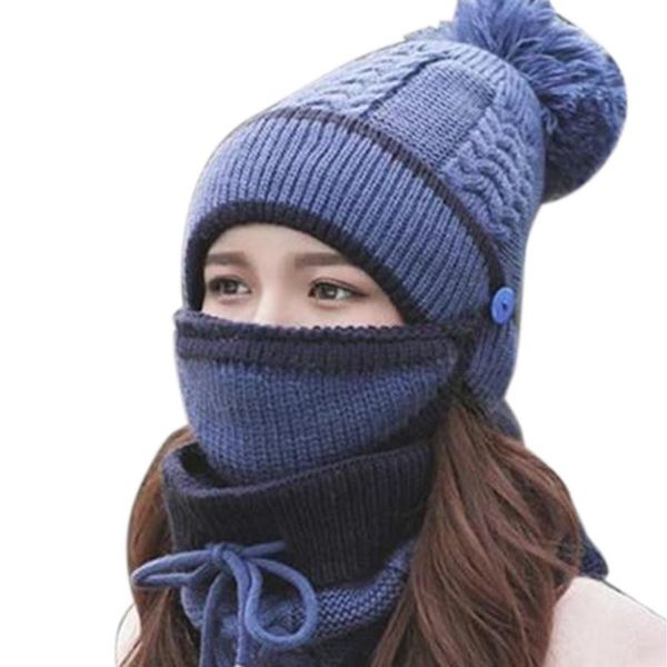 

3pcs womens winter scarf set fashionable warm comfortable thickend knitted hat scarf face cover outdoor -b5, Blue;gray