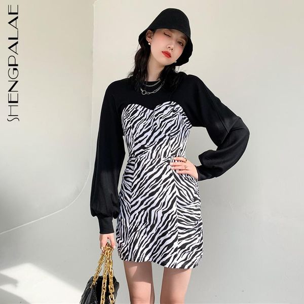 

shengpllae zebra pattern oatcheork dress women's spring 2021 new high waist slim fitting long sleeve a-line mini dresses 5a1122, Black;gray