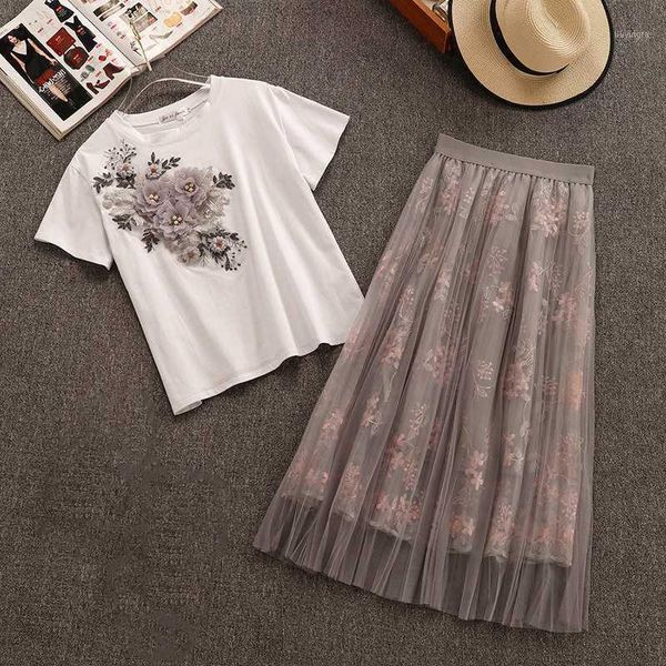 

fashion women 2 pcs sets 3d embroidery floral o-neck short sleeve t shirt+mesh skirt women suits1, Gray