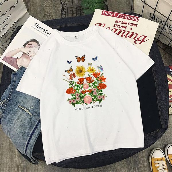 

summer cute retro flower letter no flower print fashion harajuku lady sweet new casual funny shirt women loose tees, White