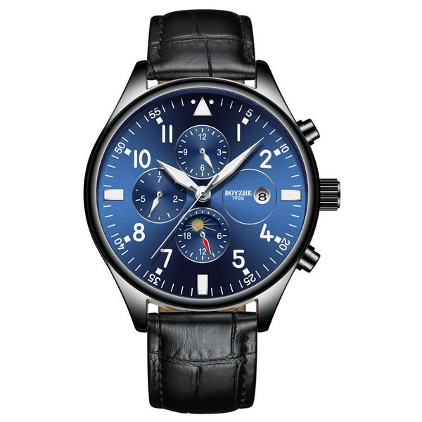 

brand leather men's mechanical watches chronograph waterproof sport date automatic self-wind watch for men relogio masculino, Slivery;brown