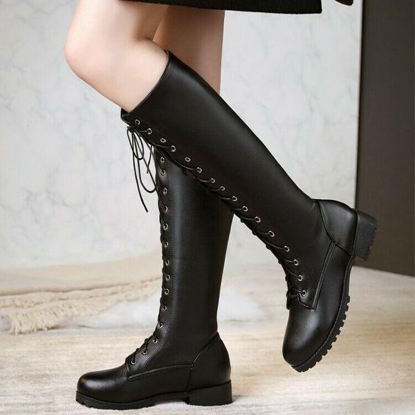 

combat ladies knee high boots block heels lace up casual shoes plus sz, Black