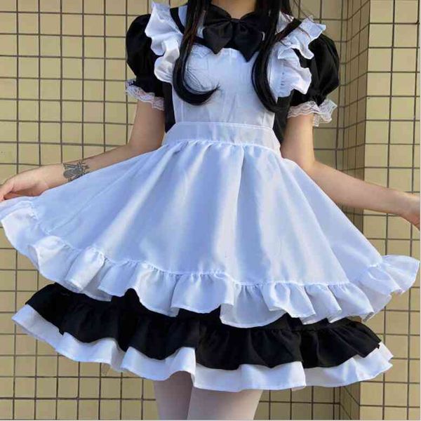 

magogo cosplay maid outfit lolita dress women cute black white bow sweet japanese apron dresses size  xl, Black;gray