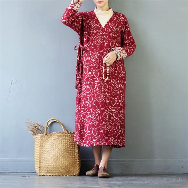 

women's wool & blends scuwlinen 2021 women autumn winter jackets vintage loose v-neck adjustable waist jacquard linen coat long cardiga, Black