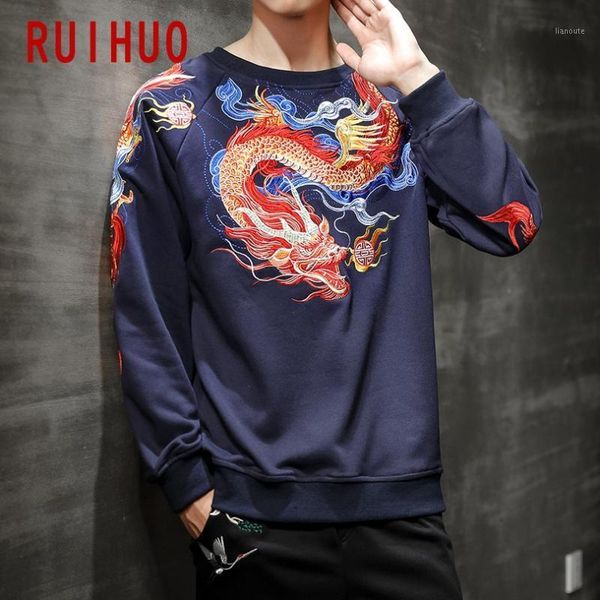 

ruihuo 2020 autumn chinese dragon embroidery sweatshirt men japanese streetwear men's sweatshirt fashion sweatshirts for men 5xl1, Black