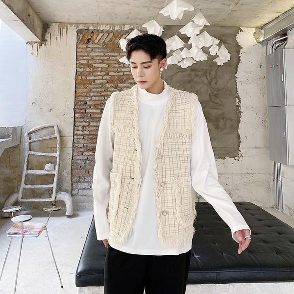 

новые мужчины женщины осень корейский стиль без рукавов куртка жилет верхняя одежда мужчины винтаж плед кисточкой окраивая повседневная жиле, Black;white