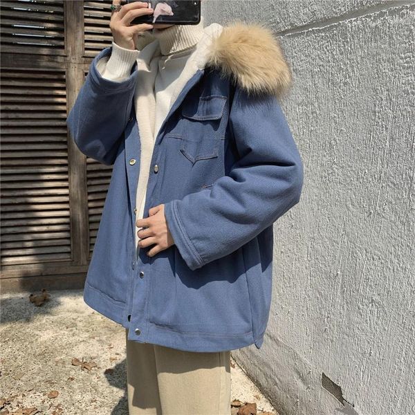 

winter mens thick warm parkas hooded with fur collar solid casual loose coat fleece lining outwear b501, Black