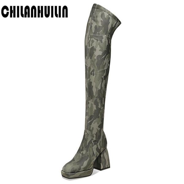 

fashion print camouflage elasticity dance thick high heel brand riding boots women over the knee high botas mujer sock boot, Black
