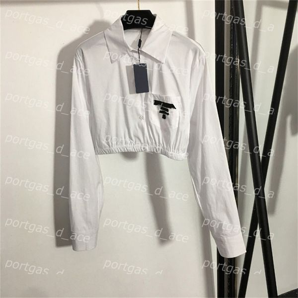 

flocking letter pocket shirts high waist long sleeve cropped shirt womens street style, White