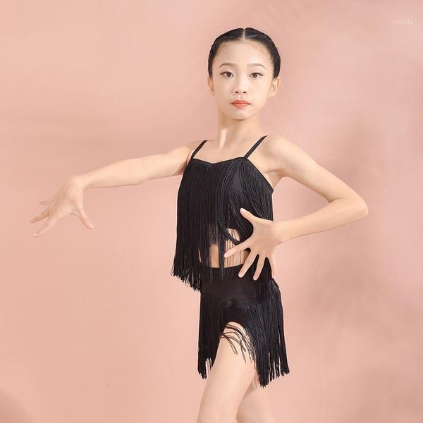 

fringe latin dance skirt set girls tassel ballroom dancewear designer clothing black modern tango sumba dance costume jl13151, Black;red