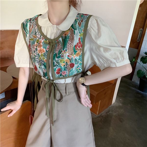 

2020 summer new ins korean style design embroidered vest nine nine pantsdoll ankle-length pants doll collar shirt cropped pants age-reducing, Gray