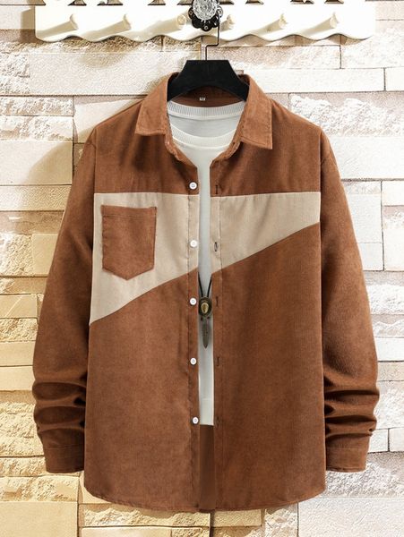 

men color block patched pocket corduroy shirt without tee v7ec#, White;black