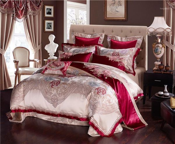 

42 golden silk cotton luxury satin jacquard bedding set  king size bedding sets bed sheet/spread set duvet cover bedclothes1