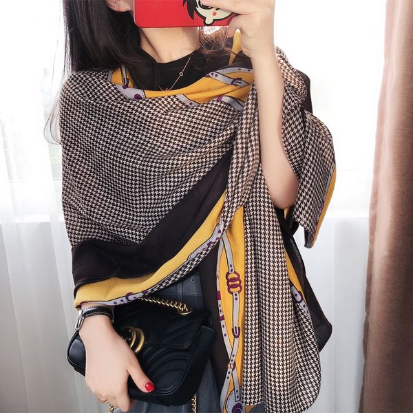 

reincarnation classic thousand bird check scarf women autumn winter korean version versatile cotton hemp handle long shawl dual purpose, Blue;gray