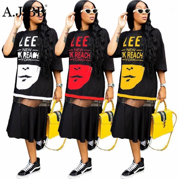 

new casual letter printed mesh dress summer fashion o-neck short sleeve women's t-shirt medium long skirt1, White;black