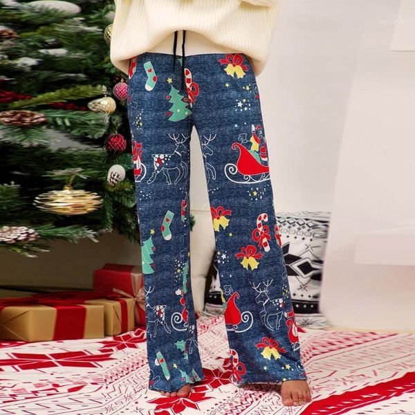 

women's pants & capris ladies christmas fashion women printed stitching trousers casual lace-up comfortable home wear wide-leg clothes, Black;white