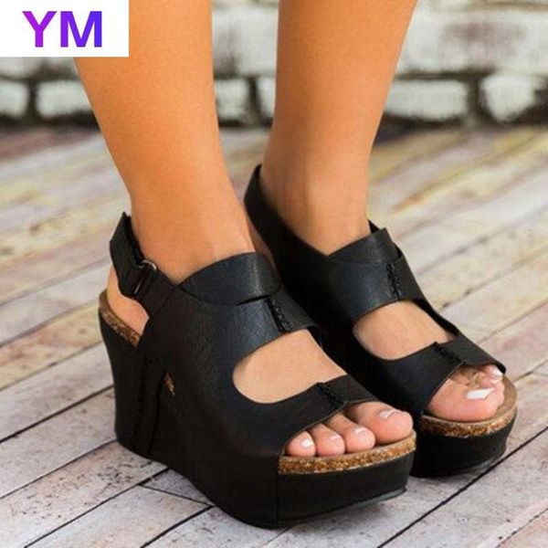 

ladies retro concise style high wedges heel sandals women summer peep toe solid color sandals outdoor casual shoes size 35-43, Black
