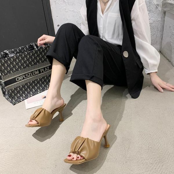 

slippers summer high heel sandals women pu leather pleated square toe fashion open slides 20211, Black
