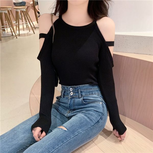 

2020 осень новый раунд шеи висит neckshoulder slim fit top coat небольшой сексуальный длинный рукав вязаный нижний верхний rvobg, White;black