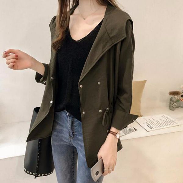 

women overcoat windbreaker spring autumn long sleeved hooded jacket coat lady korean loose casual thin jacket, Tan;black