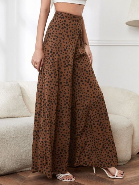 

high waist allover print wide leg pants q1fl#, Black;white