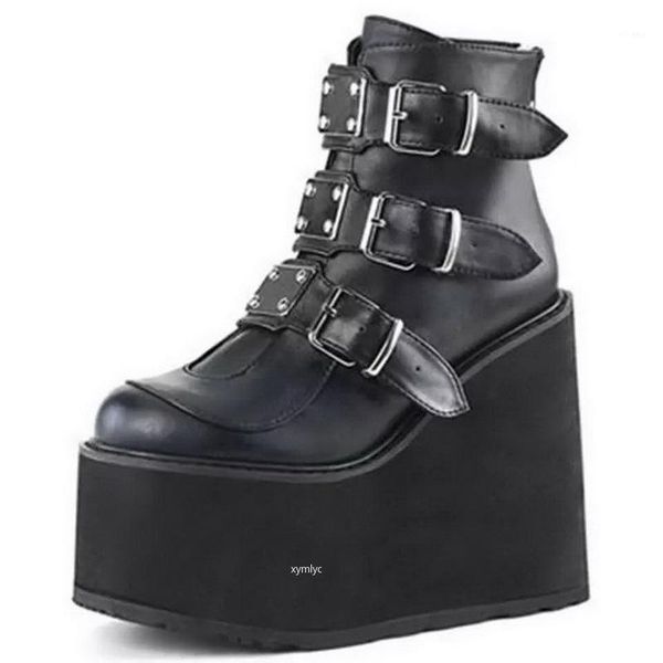

boots 2021 winter metal buckle ankel women punk female platform wedges high heels pu botas mujer plus size1, Black