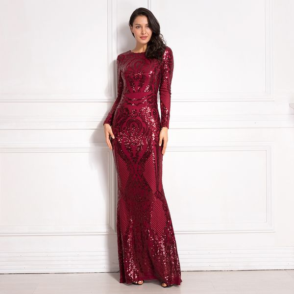 

burgundy long sleeve sequined maxi dress bodycon o neck full length stretchy autumn winter long evening party dress black gold 201028, Black;gray