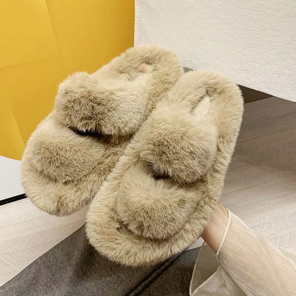 

new women fur slippers winter slides fluffy furry solid color woman faux fur keeps warm home slippers ladies plush shoes, Black