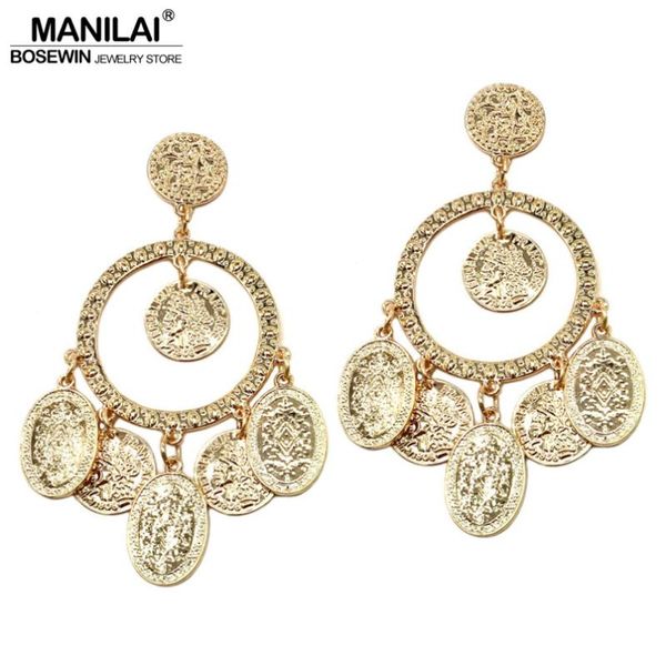 

manilai ethnic style coin drop earrings women gold color metal dangle earrings big bohemia jewelry statement brincos pendientes, Silver