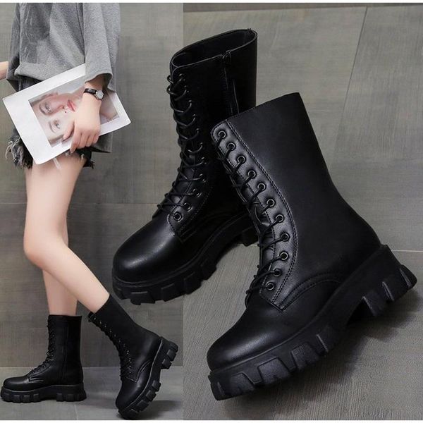 

boots women mid-calf ladies pu leather lace up platform non slip short boot sewing comfort female footwear 2021 winter, Black