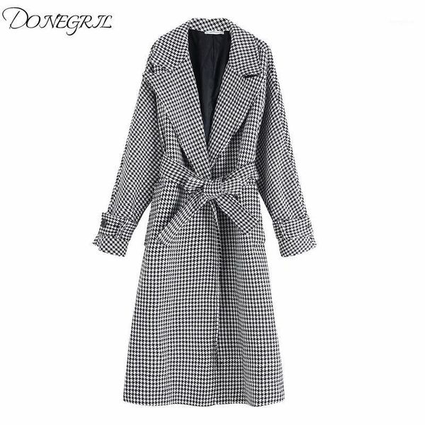 

2020 belt waist wool coats women fashion houndstooth jackets women elegant pockets buttons coats female ladies1, Black