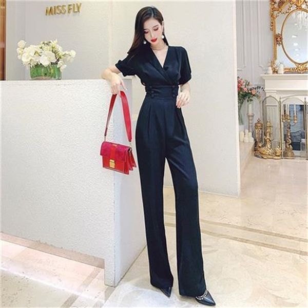

2021 new simple women summer new korean fashion full length short sleeve button female clothes office lady elegant jumpsuit 0tcq, Black;white