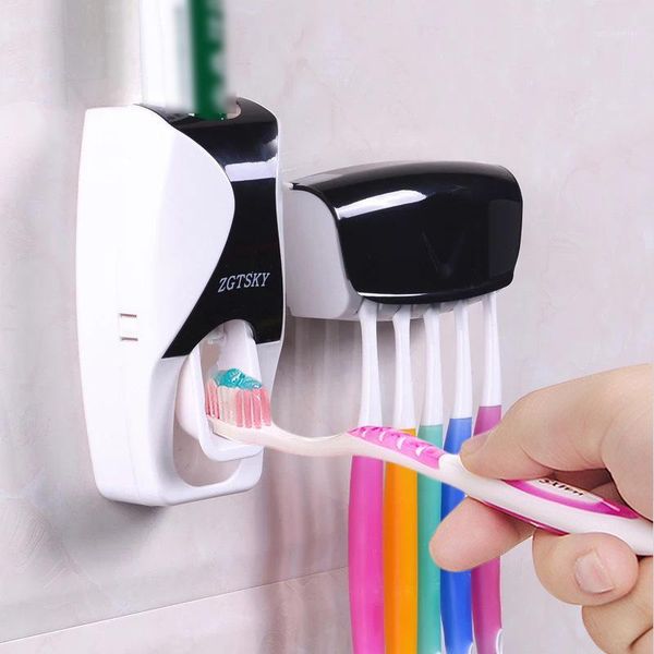 

bath accessory set automatic toothpaste dispenser 5pcs toothbrush holder squeezer bathroom shelves accessories tooth brush wall mount1