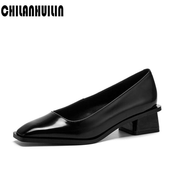 

smiple design classic high heels women pumps natural genuine leather thick heel shoes square toe office lady shoes nude pumps, Black