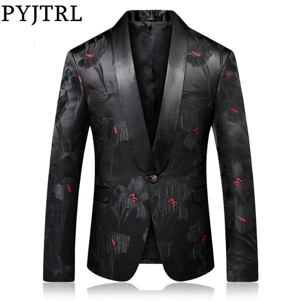 

pyjtrl quality blazer men luxurious jacquard black red floral pattern causal suit jacket night club singers stylish suit jacket lj201103, White;black