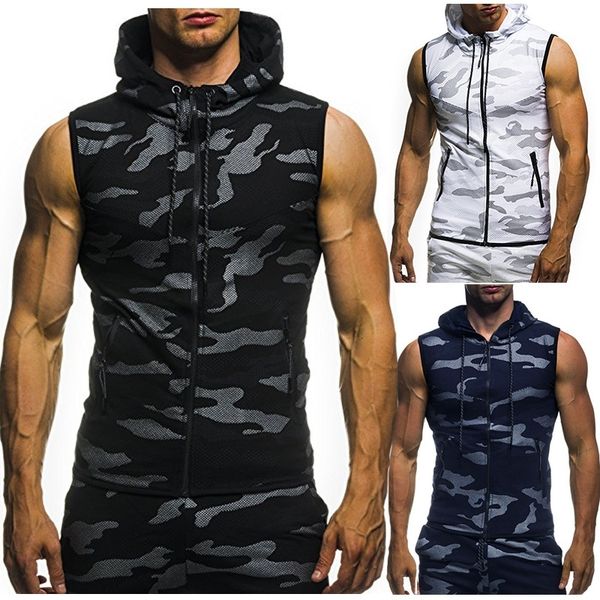 

ltxz5 camouflage print men's casual zipper fit sleeveless print hooded w30 camouflage digital men's zipper casual slim fit sleevel, Black