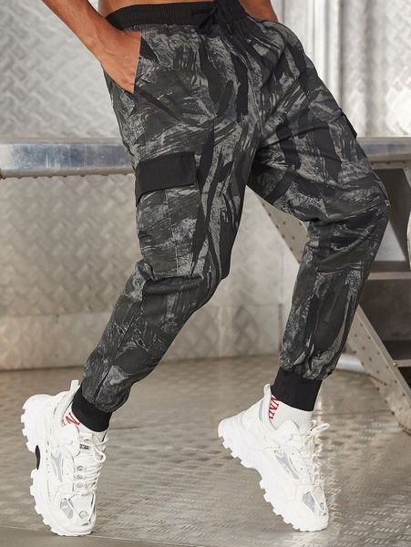 

men camo print letter patched cargo pants z7zi#, Black