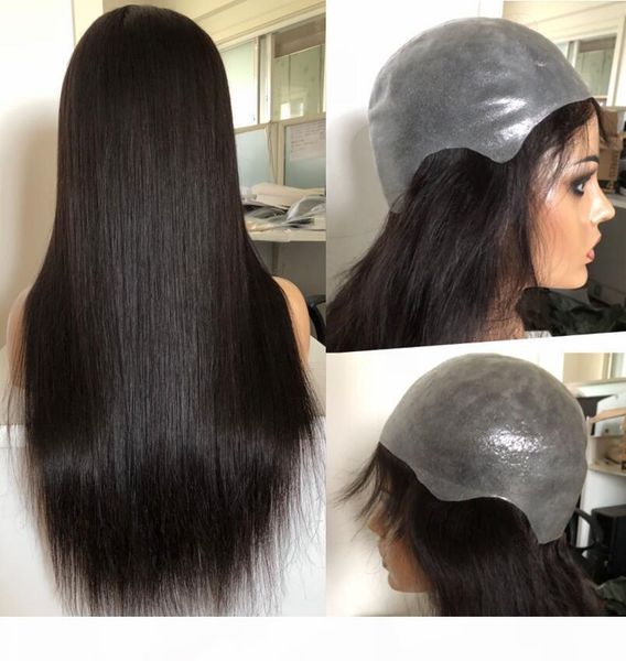 

selling full pu wigs 1b virgin human hair malaysian silky straight hair 20inch full silicone wig ing, Black;brown