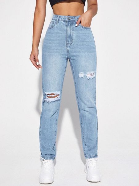 

fringe detail ripped mom jeans u1fh#, Blue