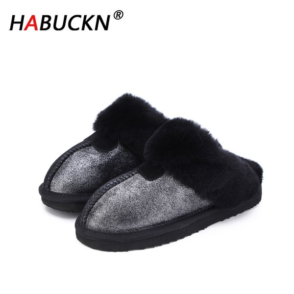 

habuckn sheepskin leather wool fur lined women home shoe winter suede slippers indoor house shoes for half slippers y201026, Black
