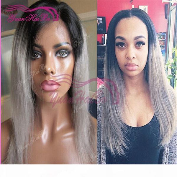 

fashion 14inch two tone 1b gray layer brazilian remy hair short ombre bob cut full lace wig ing, Black;brown