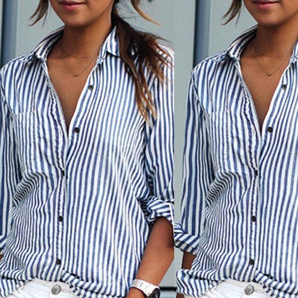 

swyivy woman shirt striped 4xl 5xl plus big size spring summer casual loose blouses long sleeve navy blue woman shirts, White