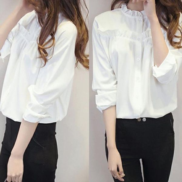 

2020 white women ruffled collar peplum long sleeve elegant plain blouse female shirts high quality
