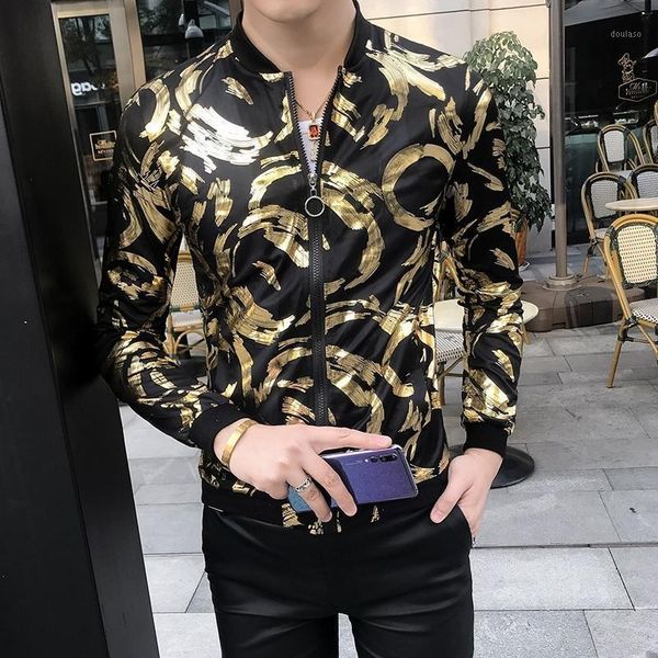 

summer men chaqueta hombre fashion prom club party sunscreen jackets gold black silver baseball jacket men bomber print jacket1, Black;brown