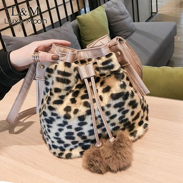 

women leopard handbag fashion faux fur bucket female shoulder bags hairball lady big purses crossbody messenger bag xa632h bbyifb alice_bag