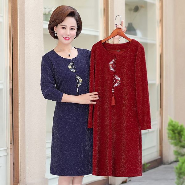 

new autumn and winter women middle-aged dress fashion elegant casual o neck long-sleeve solid color female dress clothing 201008, Black;gray