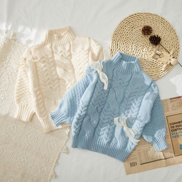 

winter children kids long sleeve high collar bow knitwear princess girls sweaters knitted pullovers jumpers outerwear, Blue