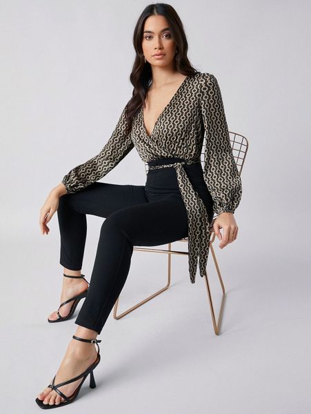 

lantern sleeve self belted chain print jumpsuit k8z3#, White